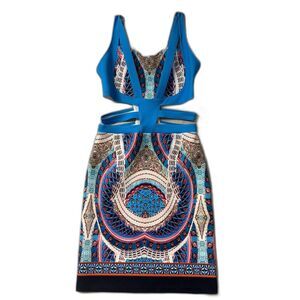 Tribal Cutout Print Dress Womens M Bodycon Stretch Sexy Mini Summer Boho Party